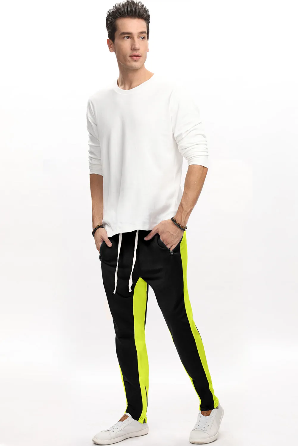 Yellow Colorblock Patchwork Zipper Casual Mens Joggers