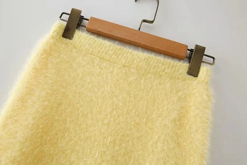 Yellow Crop Tops Knitting Mini Dresses Skirt Two-piece Set