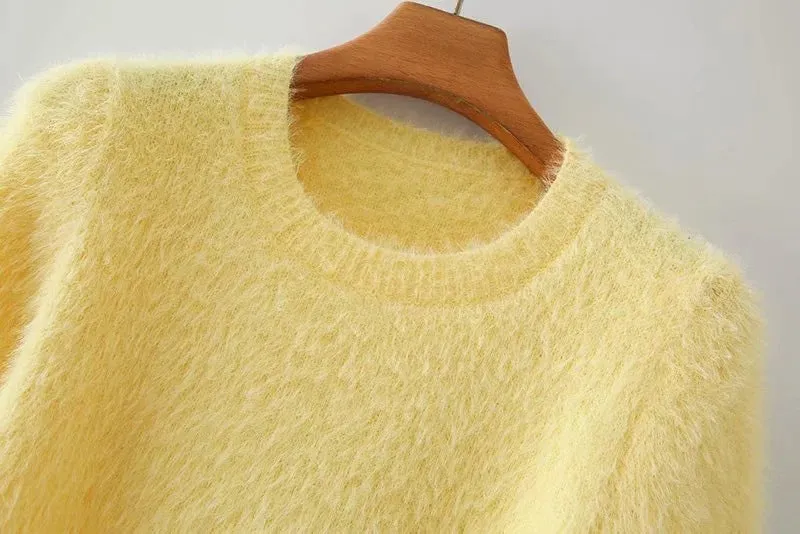 Yellow Crop Tops Knitting Mini Dresses Skirt Two-piece Set