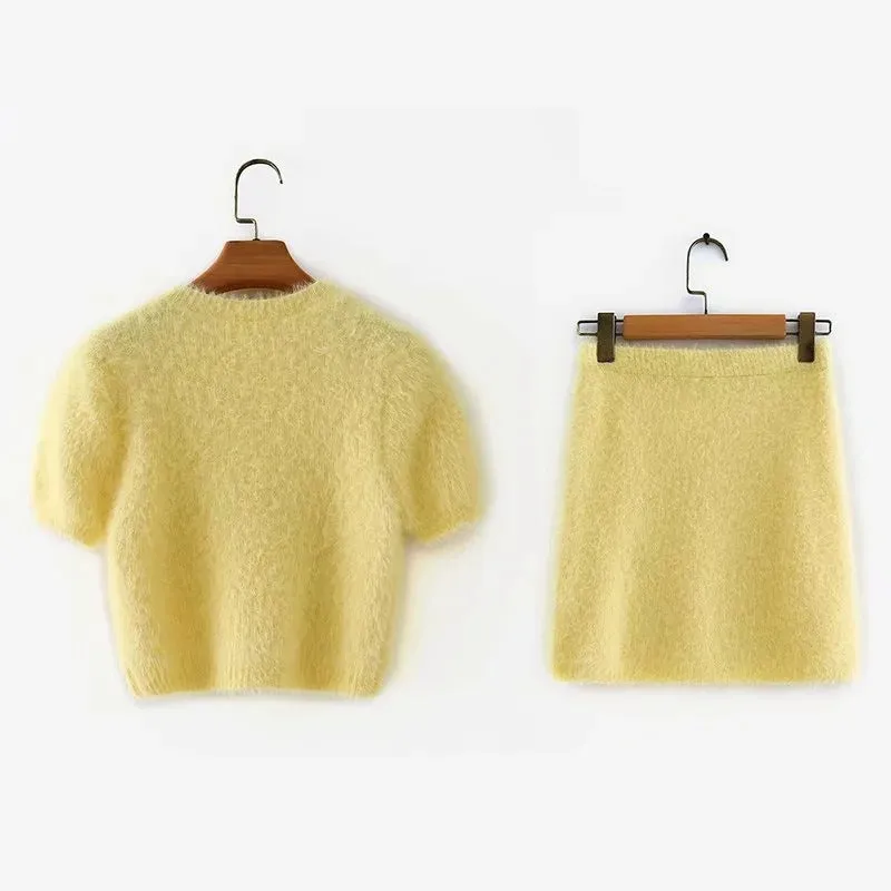Yellow Crop Tops Knitting Mini Dresses Skirt Two-piece Set