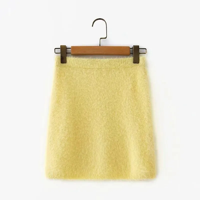 Yellow Crop Tops Knitting Mini Dresses Skirt Two-piece Set
